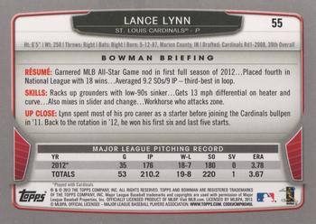 2013 Bowman #55 Lance Lynn Back