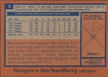 1978 Topps Burger King Texas Rangers #2 Jim Sundberg Back