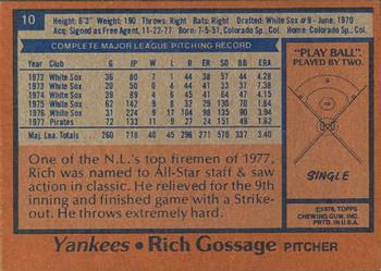1978 Topps Burger King New York Yankees #10 Rich Gossage Back