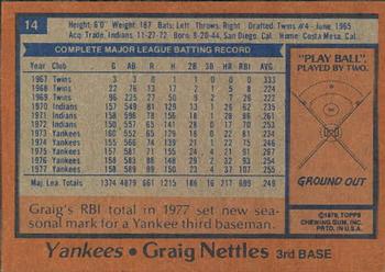 1978 Topps Burger King New York Yankees #14 Graig Nettles Back