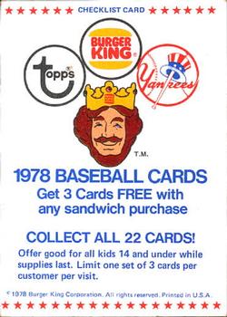 1978 Topps Burger King New York Yankees #NNO Checklist Front