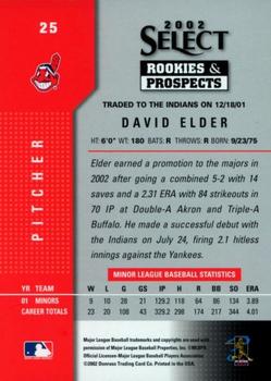2002 Select Rookies & Prospects #25 David Elder Back