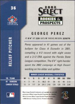 2002 Select Rookies & Prospects #36 George Perez Back