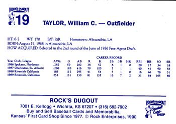 1990 Rock's Dugout Wichita Wranglers #19 William Taylor Back