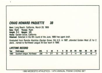 1990 Chong Modesto A's #22 Craig Paquette Back