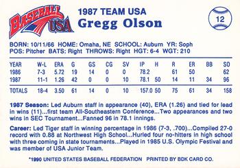 1990 Pan Am Team USA Red BDK #12 Gregg Olson Back
