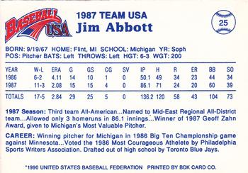1990 Pan Am Team USA Red BDK #25 Jim Abbott Back