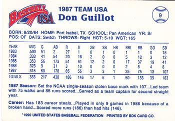 1990 Pan Am Team USA Red BDK #9 Don Guillot Back