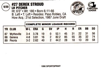 1990 SportsPrint Winston-Salem Spirits #9 Derek Stroud Back