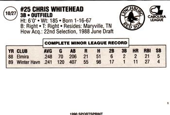 1990 SportsPrint Lynchburg Red Sox #10 Chris Whitehead Back