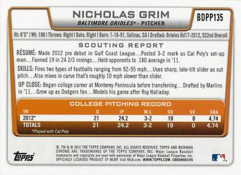 2012 Bowman Draft Picks & Prospects - Chrome Draft Picks #BDPP135 Nicholas Grim Back