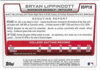 2012 Bowman Draft Picks & Prospects - Chrome Draft Picks #BDPP138 Bryan Lippincott Back