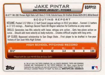 2012 Bowman Draft Picks & Prospects - Chrome Draft Picks #BDPP151 Jake Pintar Back