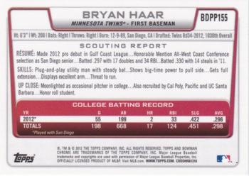 2012 Bowman Draft Picks & Prospects - Chrome Draft Picks #BDPP155 Bryan Haar Back