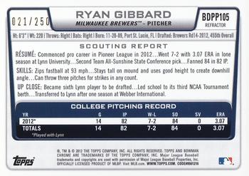 2012 Bowman Draft Picks & Prospects - Chrome Draft Picks Blue Refractors #BDPP105 Ryan Gibbard Back