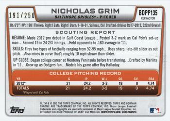 2012 Bowman Draft Picks & Prospects - Chrome Draft Picks Blue Refractors #BDPP135 Nicholas Grim Back