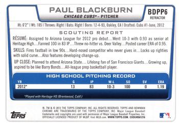 2012 Bowman Draft Picks & Prospects - Chrome Draft Picks Refractors #BDPP6 Paul Blackburn Back