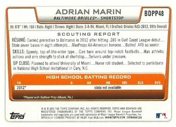 2012 Bowman Draft Picks & Prospects - Draft Picks #BDPP48 Adrian Marin Back