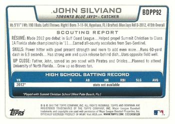 2012 Bowman Draft Picks & Prospects - Draft Picks #BDPP92 John Silviano Back