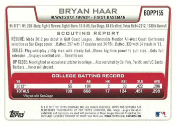 2012 Bowman Draft Picks & Prospects - Draft Picks #BDPP155 Bryan Haar Back