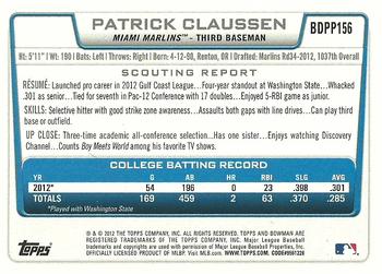 2012 Bowman Draft Picks & Prospects - Draft Picks #BDPP156 Patrick Claussen Back