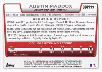 2012 Bowman Draft Picks & Prospects - Draft Picks #BDPP49 Austin Maddox Back
