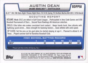 2012 Bowman Draft Picks & Prospects - Draft Picks #BDPP58 Austin Dean Back