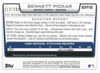 2012 Bowman Draft Picks & Prospects - Draft Picks Blue #BDPP100 Bennett Pickar Back