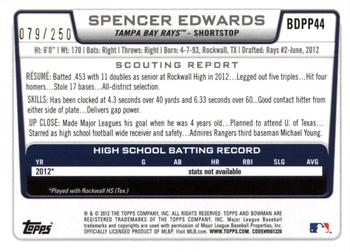 2012 Bowman Draft Picks & Prospects - Draft Picks Orange #BDPP44 Spencer Edwards Back