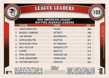 2011 Topps - Black Border #109 2010 AL Batting Average Leaders (Josh Hamilton / Miguel Cabrera / Joe Mauer) Back