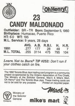 1992 Toronto Blue Jays Fire Safety #NNO Candy Maldonado Back