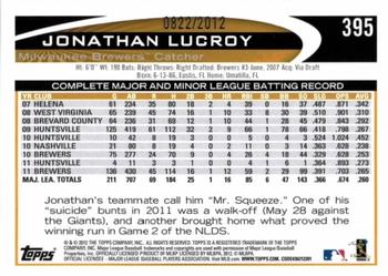 2012 Topps - Gold #395 Jonathan Lucroy Back