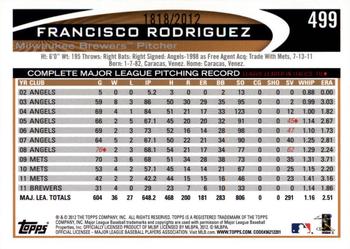 2012 Topps - Gold #499 Francisco Rodriguez Back