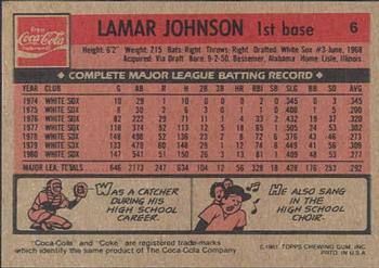 1981 Topps Coca-Cola Chicago White Sox #6 Lamar Johnson  Back