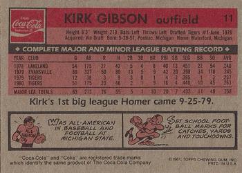 1981 Topps Coca-Cola Detroit Tigers #11 Kirk Gibson  Back
