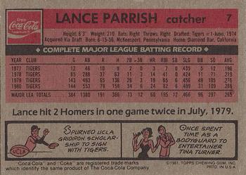 1981 Topps Coca-Cola Detroit Tigers #7 Lance Parrish  Back
