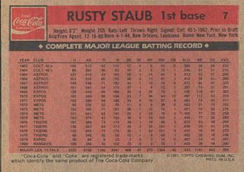 1981 Topps Coca-Cola New York Mets #7 Rusty Staub  Back