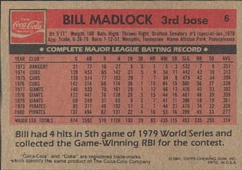 1981 Topps Coca-Cola Pittsburgh Pirates #6 Bill Madlock  Back