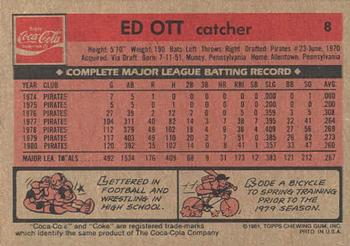 1981 Topps Coca-Cola Pittsburgh Pirates #8 Ed Ott  Back