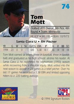 1994 Signature Rookies Draft Picks - Signatures #74 Tom Mott Back