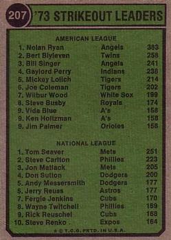 1974 Topps #207 1973 Strikeout Leaders (Nolan Ryan / Tom Seaver) Back