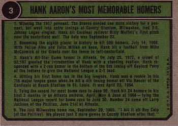 1974 Topps #3 Hank Aaron Special 1958-1961 Back