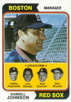 1974 Topps #403 Red Sox Field Leaders (Darrell Johnson / Eddie Popowski / Lee Stange / Don Zimmer / Don Bryant) Front