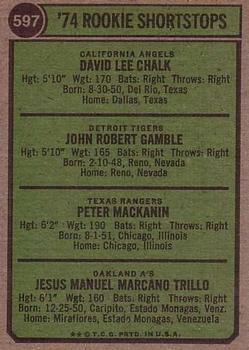 1974 Topps #597 1974 Rookie Shortstops (Dave Chalk / John Gamble / Pete Mackanin / Manny Trillo) Back