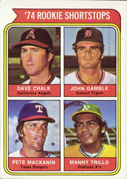 1974 Topps #597 1974 Rookie Shortstops (Dave Chalk / John Gamble / Pete Mackanin / Manny Trillo) Front