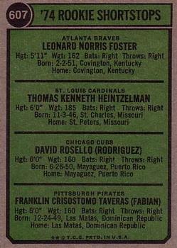1974 Topps #607 1974 Rookie Shortstops (Leo Foster / Tom Heintzelman / Dave Rosello / Frank Taveras) Back