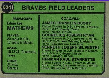 1974 Topps #634 Braves Field Leaders (Eddie Mathews / Herm Starrette / Connie Ryan / Jim Busby / Ken Silvestri) Back