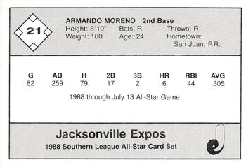 1988 Jennings Southern League All-Stars #21 Armando Moreno Back