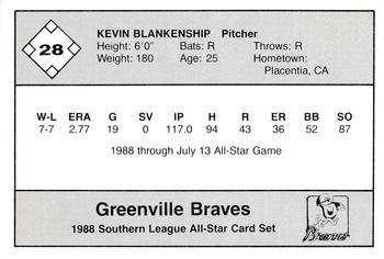 1988 Jennings Southern League All-Stars #28 Kevin Blankenship Back