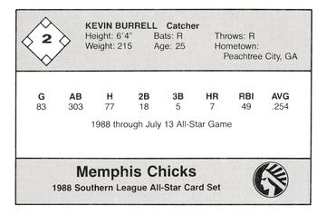 1988 Jennings Southern League All-Stars #2 Kevin Burrell Back